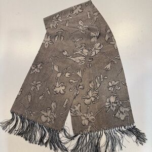 Chic Floral Black and Gray Scarf with Fringe